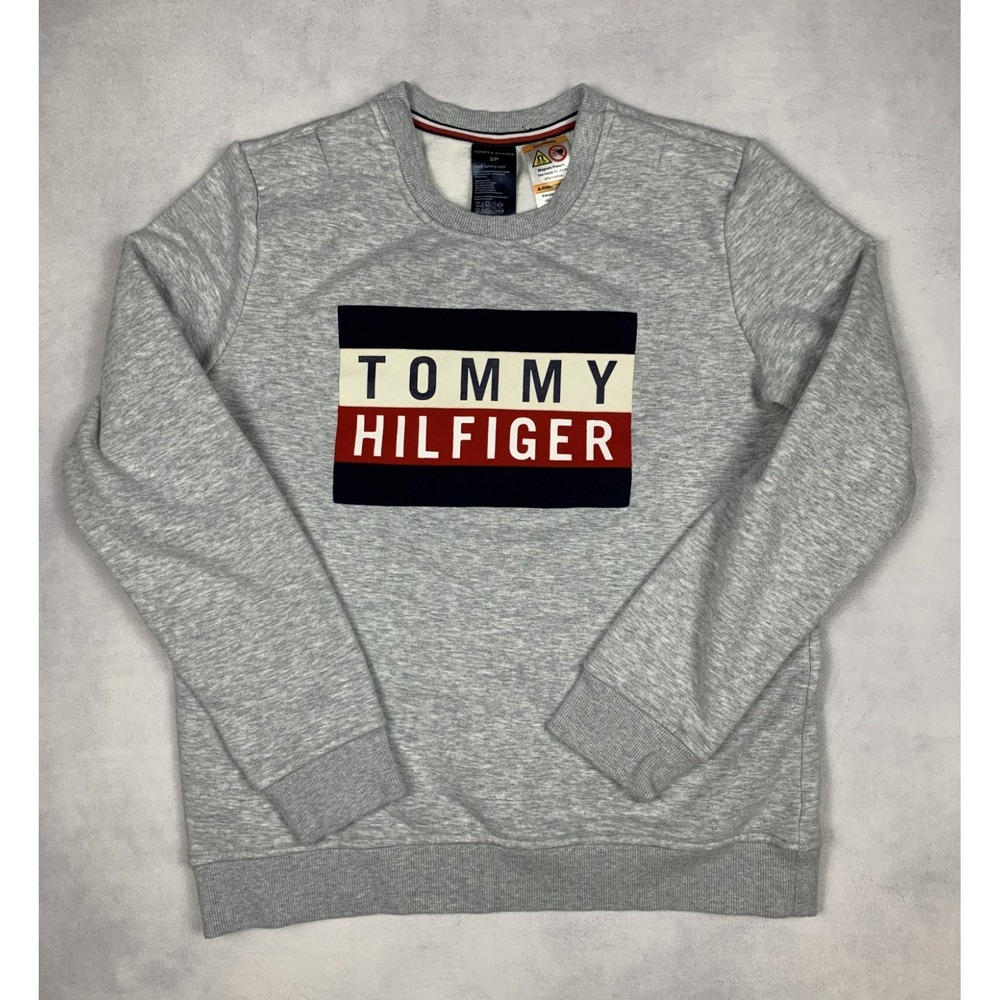 Tommy Hilfiger Sweatshirt Womens S Gray Big Logo Magnetic Collar Cozy